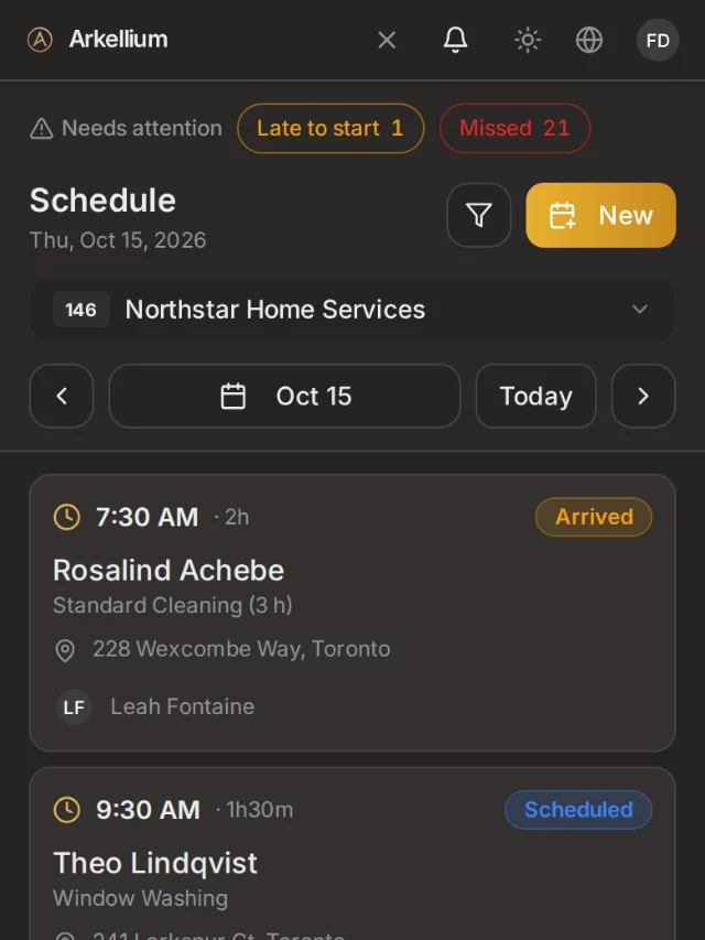 Arkellium schedule: jobs by day with status and assigned operator.