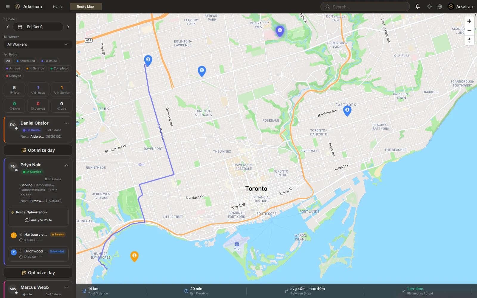 Arkellium route map of Toronto showing a crew's stops for the day, with a worker panel and a distance and time summary.
