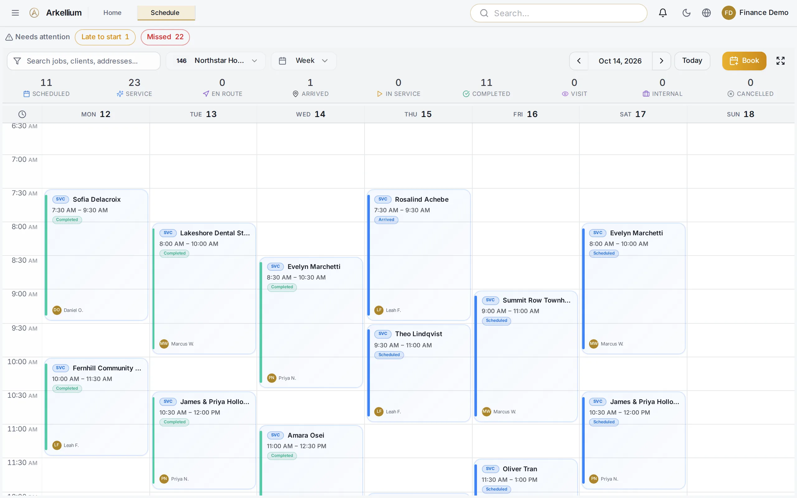 Arkellium schedule: a weekly board of jobs by day, with status colours and the assigned operator on each card.